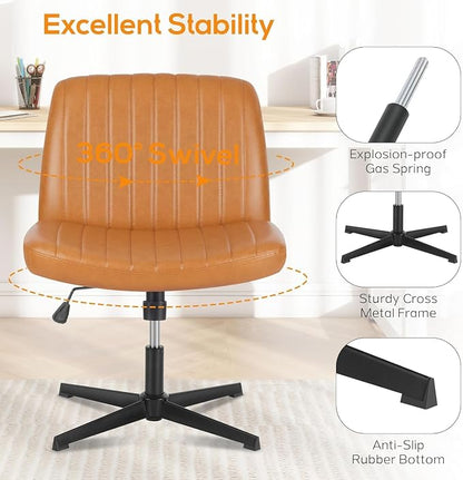 DUMOS Criss Cross Chair No Wheel Legged Office Wide Comfy Desk Vanity Chair, Armless Computer Task Seating PU Leather, Swivel Home Height Adjustable for Bedroom, Study, Brown No Wheel