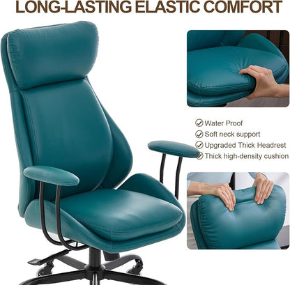 E-Motie Office Chair, Leather Desk Chair with Rubber Wheels, Ergonomic Computer Chair 500 LBS with Lumbar Support, High Back Executive Chair for Modern Home Office, Green