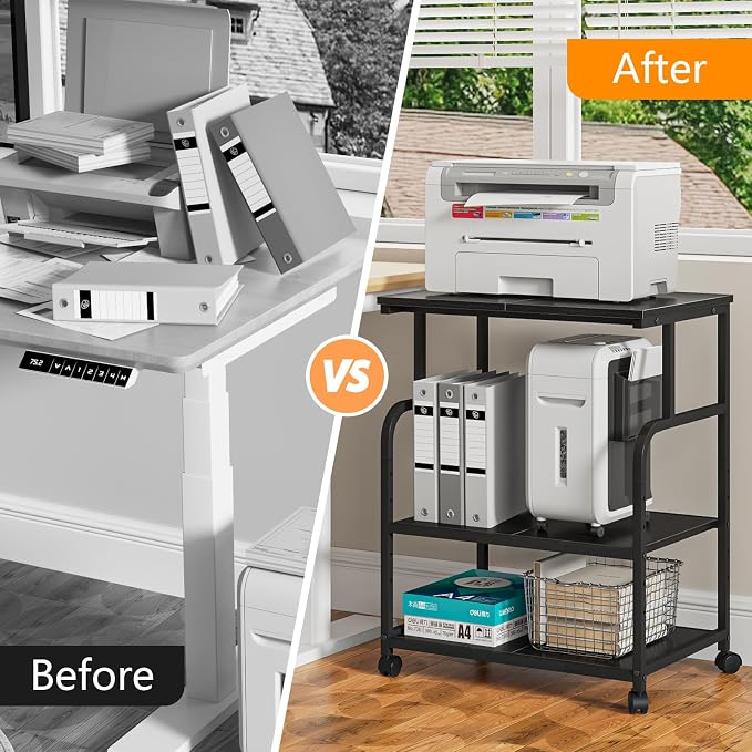 3-Tier Adjustable Large Printer Stand with Storage, Rolling Printer Cart with Lockable Wheels for Home, Office (Black)