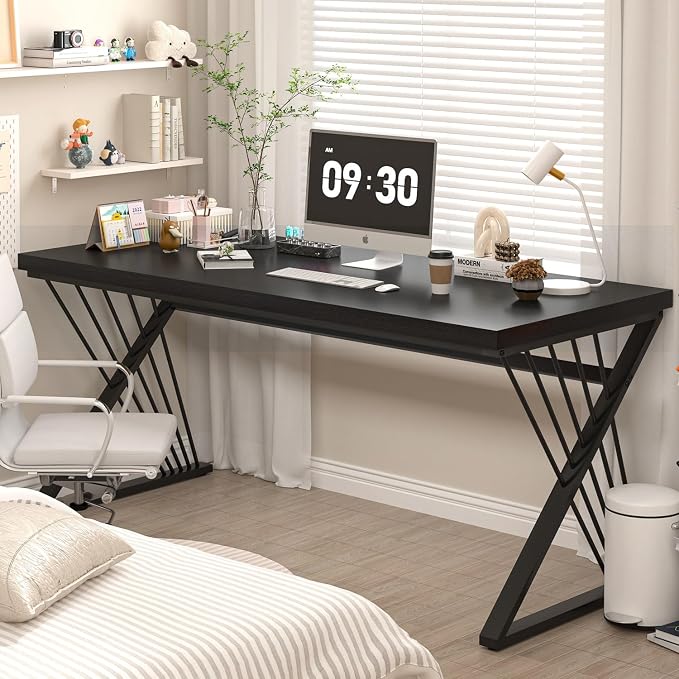 FOLUBAN Black Desk, Modern Wood and Metal Computer Desks for Home Office, Simple Writing Work PC Desk for Bedroom, Industrial Study Gaming Table for Living Room, 60 Inch