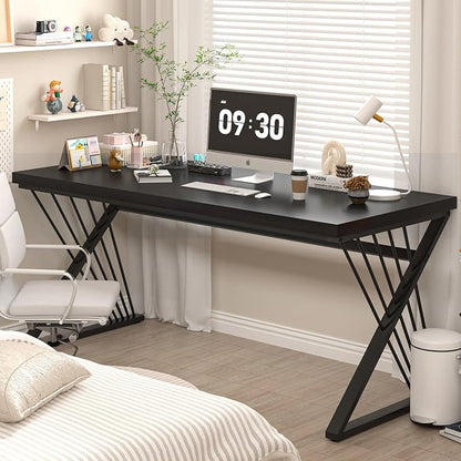 FOLUBAN Black Desk, Modern Wood and Metal Computer Desks for Home Office, Simple Writing Work PC Desk for Bedroom, Industrial Study Gaming Table for Living Room, 60 Inch