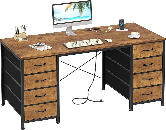 YOMILUVE 50 Inch Computer Desk with 8 Drawers, Home Office Desk with Power Outlets, Work Study Gaming Desk with 8 Fabric Drawers, Rustic Brown