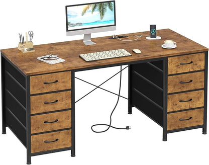 YOMILUVE 50 Inch Computer Desk with 8 Drawers, Home Office Desk with Power Outlets, Work Study Gaming Desk with 8 Fabric Drawers, Rustic Brown
