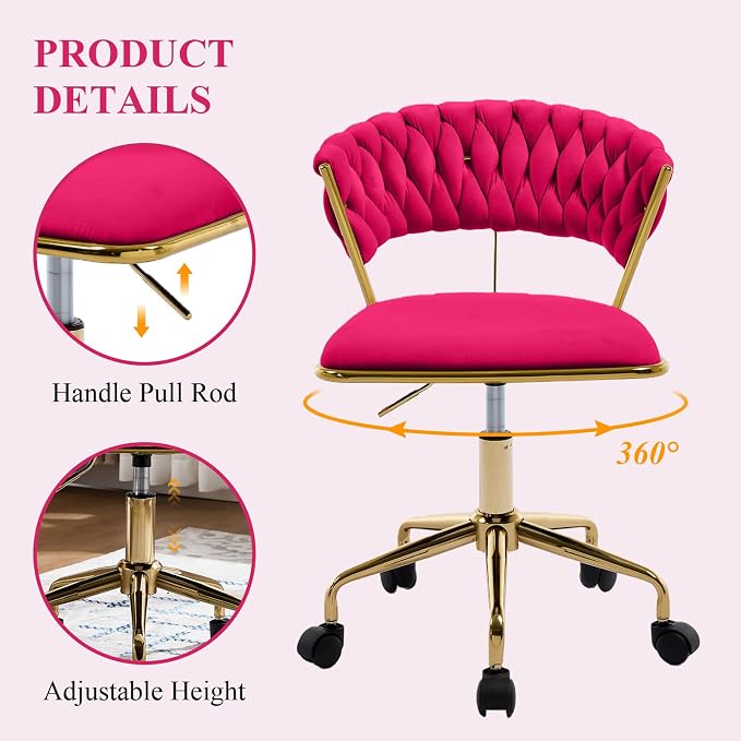 NIOIIKIT Home Office Chair, Velvet Upholstered Task Chair with Woven Open Back, 360° Swivel Desk Chair with Wheels, Adjustable Vanity Chair, Computer Chair for Office, Studio (Rose Red)