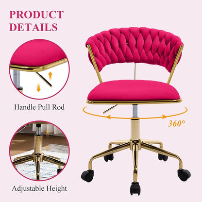 NIOIIKIT Home Office Chair, Velvet Upholstered Task Chair with Woven Open Back, 360° Swivel Desk Chair with Wheels, Adjustable Vanity Chair, Computer Chair for Office, Studio (Rose Red)