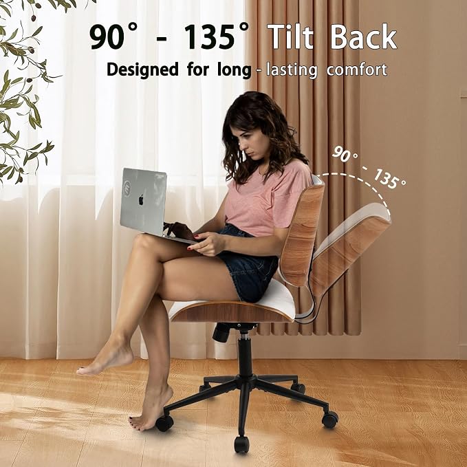 CLATINA Armless Home Office Chair, Desk Chair with Wheels, Adjustable Height Reading Chairs, Leather Mid Back & Swivel Computer Chairs, Modern Walnut with Back for Study Meeting Room(White) 4Pack