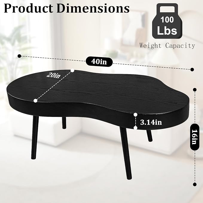 Black Coffee Table Wooden Cloud Shaped Coffee Tables with Thick Top Mid-Century Modern Irregular Center Living Room Tables Cute Floor Table for Living Room Bedroom Apartment