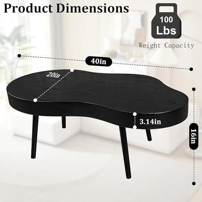 Black Coffee Table Wooden Cloud Shaped Coffee Tables with Thick Top Mid-Century Modern Irregular Center Living Room Tables Cute Floor Table for Living Room Bedroom Apartment