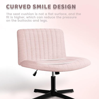 LEMBERI Fabric Padded Desk Chair No Wheels, Armless Wide Swivel Home Office Desk Chair,120° Rocking Mid Back Ergonomic Computer Task Vanity Chair for Office, Home, Make Up,Small Space (Pink)