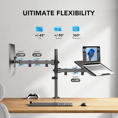 HUANUO Adjustable Monitor Arm with Laptop Tray, Single Desk Mount for 13-32" VESA Monitors up to 22 lbs, 14" x 12" Laptop Tray