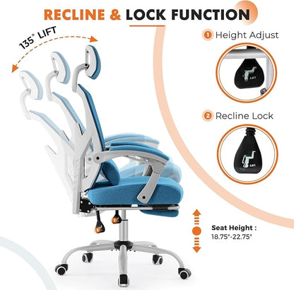 Sweetcrispy Office Computer Desk Chair Set of 2, Ergonomic High-Back Mesh Rolling Work Swivel Chairs with Wheels, Comfortable Lumbar Support, Comfy Arms for Home, Bedroom, Study, Student, Blue