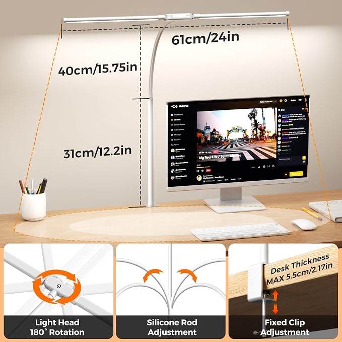 SKYLEO LED Desk Lamp with Clamp - Double Head Desk Light with Remote and Touch - Eye Protection - 12 W, 5 Color Modes, Timer and Memory Function, Flexible Gooseneck - for Office, Reading - White