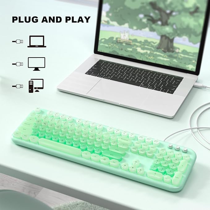 MOWUX Computer Keyboard Wired, Plug and Play USB Retro Round Typewriter Keyboard, Full Size Wired Keyboard with Foldable Stands for Laptop and Office PC- LED Backlit Green