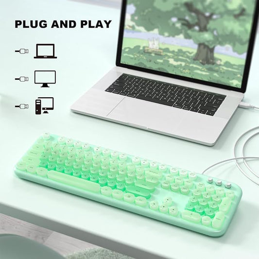 MOWUX Computer Keyboard Wired, Plug and Play USB Retro Round Typewriter Keyboard, Full Size Wired Keyboard with Foldable Stands for Laptop and Office PC- LED Backlit Green