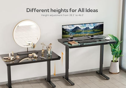 Claiks Small Glass Standing Desk with Drawers & USB Ports, 35 Inch Adjustable Stand Up Desks with Storage, Quick Install One-Piece Computer Desks for Small Space and Home Office, Black