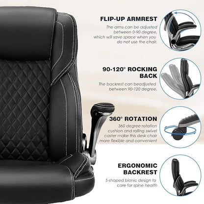 Executive Office Chair with with Flip up Arms, Big and Tall Ergonomic High Back Office Chairs, 90-120° Rocking Lumbar Support Home Computer Desk Chair Wheels(Black)