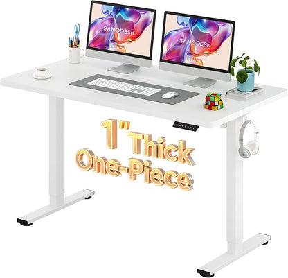 SANODESK Electric Standing Desk 55 x 28 Inches Whole-Piece Desktop Height Adjustable Stand Up Desk w/6-Button Controller Ergonomic Computer Desk for Home Office, White Frame + White Tabletop