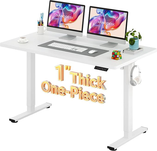 SANODESK Electric Standing Desk 55 x 28 Inches Whole-Piece Desktop Height Adjustable Stand Up Desk w/6-Button Controller Ergonomic Computer Desk for Home Office, White Frame + White Tabletop