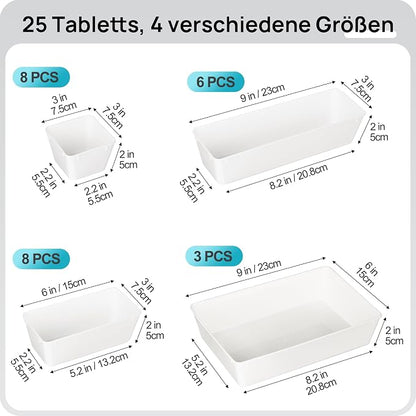 Vtopmart 25 PCS Plastic Drawer Organizers Set, 4-Size Versatile Bathroom and Vanity Drawer Organizer Trays, Storage Bins for Makeup, Bedroom, Kitchen Gadgets Utensils and Office