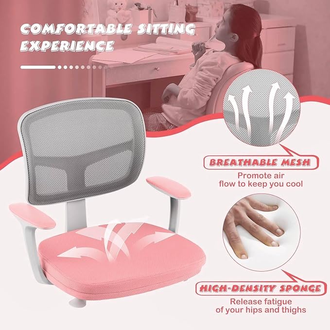 Kids Desk Chair, Height Adjustable Children Study Chair w/Lumbar Support, Swivel Mesh Seat, Universal Casters, Ergonomic Kids Task Chair for Boys Girls Aged 3-10, Home, School, Office (Pink)