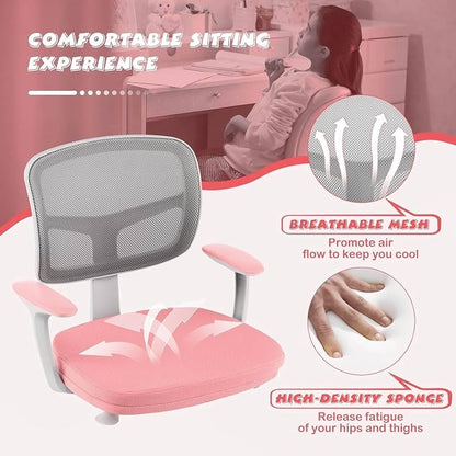 Kids Desk Chair, Height Adjustable Children Study Chair w/Lumbar Support, Swivel Mesh Seat, Universal Casters, Ergonomic Kids Task Chair for Boys Girls Aged 3-10, Home, School, Office (Pink)