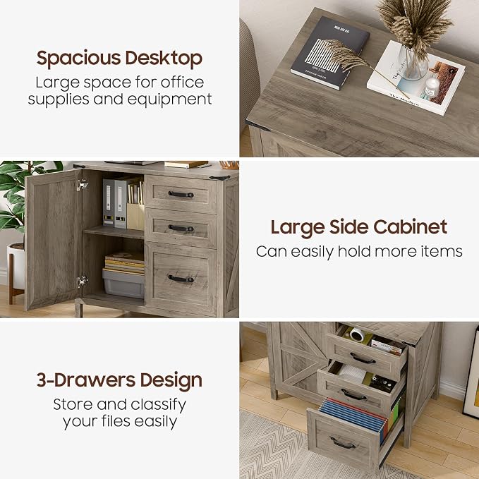 Befrases File Cabinet 3 Drawers Lateral File Cabinet with Adjustable Shelf for Letter/A4 Size Hanging Files, Large Wood File Storage Cabinets Printer Stand for Home Office, Grey