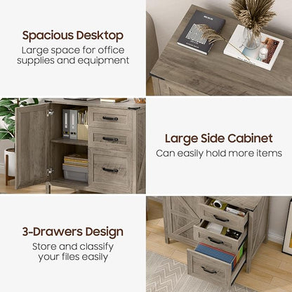 Befrases File Cabinet 3 Drawers Lateral File Cabinet with Adjustable Shelf for Letter/A4 Size Hanging Files, Large Wood File Storage Cabinets Printer Stand for Home Office, Grey