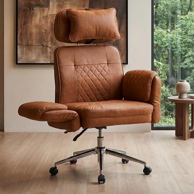 Big and Tall Office Chair - Criss Cross Leather High Back Executive Office Chair with Armrests & Wheels, Ergonomic Computer Gaming Desk Chair for Home, Makeup Vanity & Bedroom, Brown, 49.6”H×22”W
