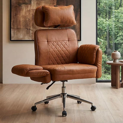 Big and Tall Office Chair - Criss Cross Leather High Back Executive Office Chair with Armrests & Wheels, Ergonomic Computer Gaming Desk Chair for Home, Makeup Vanity & Bedroom, Brown, 49.6”H×22”W
