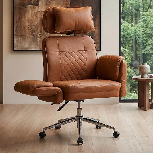 Big and Tall Office Chair - Criss Cross Leather High Back Executive Office Chair with Armrests & Wheels, Ergonomic Computer Gaming Desk Chair for Home, Makeup Vanity & Bedroom, Brown, 49.6”H×22”W