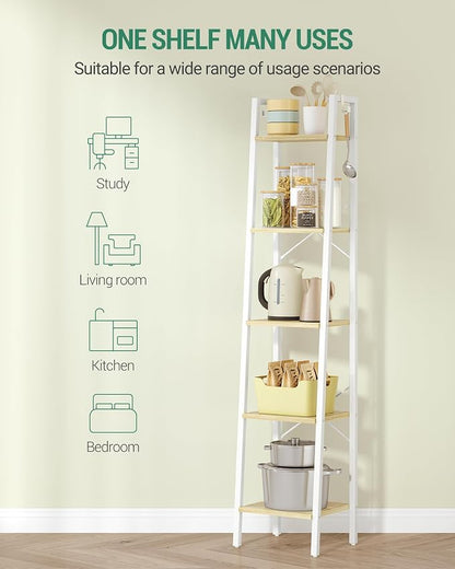 Hzuaneri Ladder Shelf, Bookshelf Bookcase, Freestanding Corner Storage Shelve with 2 Hooks for Home Office, Living Room, Kitchen, Bedroom, Industrial, 11.8" D x 13.4" W x 63" H, White Oak and White