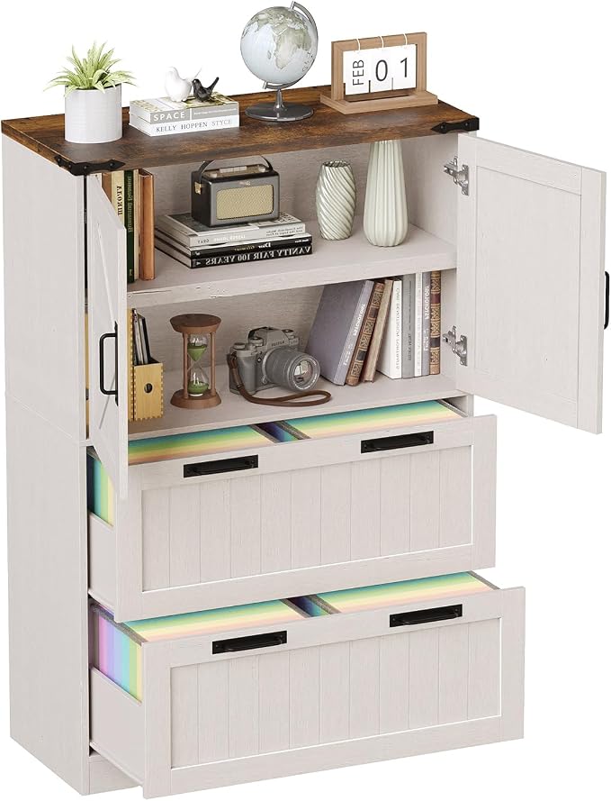 Halitaa 2 Drawer Filing Cabinet, Farmhouse File Cabinet for Home Office with Storage Space, Wood Tall Office Filing Cabinet fits Legal/Letter/A4 Size, Lateral File Cabinets with 2 Doors, Rustic White