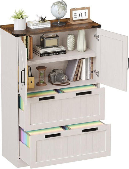 Halitaa 2 Drawer Filing Cabinet, Farmhouse File Cabinet for Home Office with Storage Space, Wood Tall Office Filing Cabinet fits Legal/Letter/A4 Size, Lateral File Cabinets with 2 Doors, Rustic White