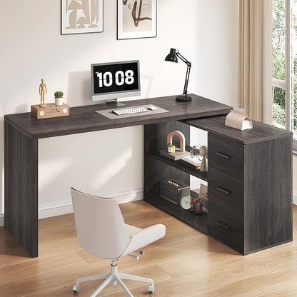 HSH L Shaped Office Desk with Drawers Shelves 55-76 Inch, Corner Computer Desk with Storage 360 Rotating Long for Work, Executive, Study, Writing, Teacher, Bedroom Modern Gaming Table, Dark Grey