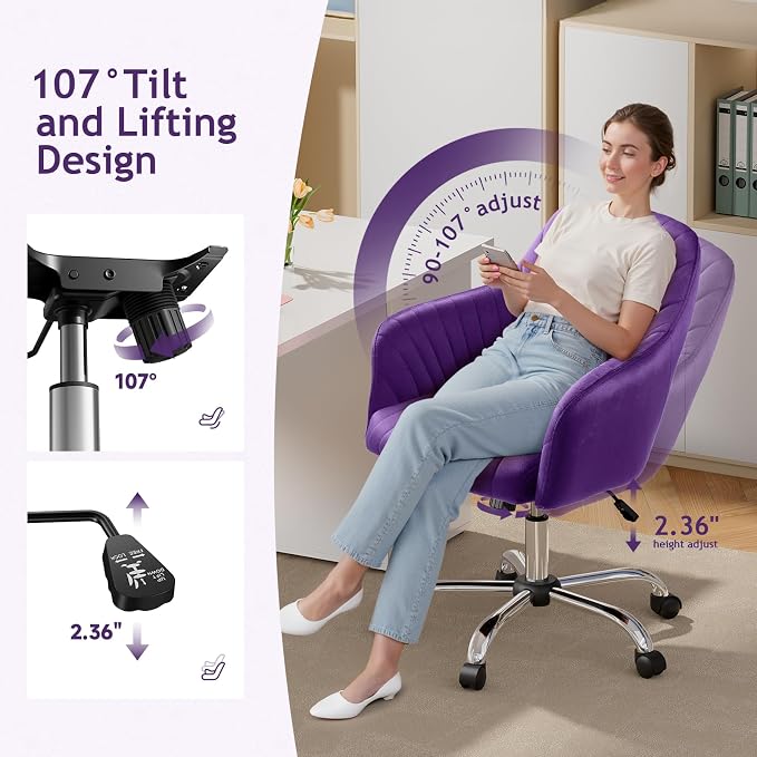Warmiehomy Vanity Chair, Velvet Home Office Desk Chairs, Comfy Ergonomic Office Chair, Makeup Computer Chair with Arm Rest, Velvet Plum Purple