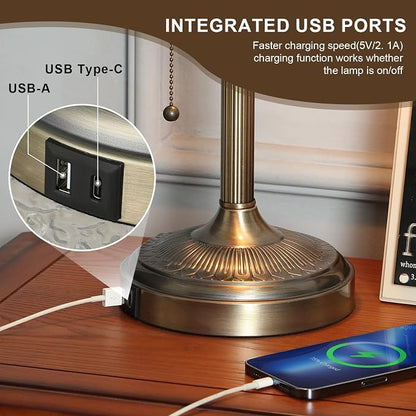 Green Glass Bankers Desk Lamp with USB Fast Charging Port | Pull Chain Switch Plug in Fixture