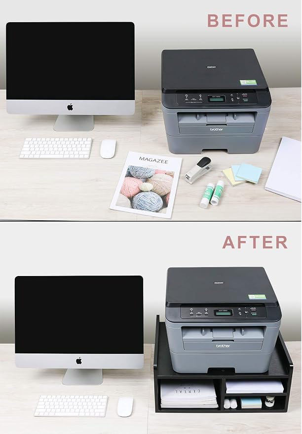 PAG Desktop Printer Stand with Storage, Paper Storage Holder Rack for Desk, Wooden Printer Organization for Home/Office, Black