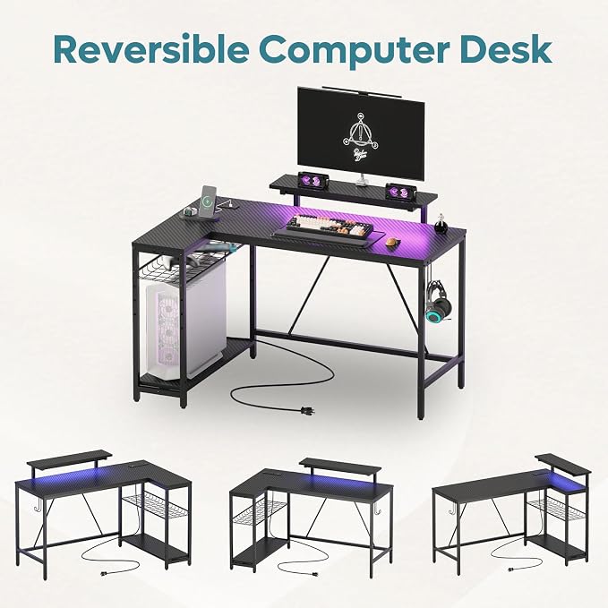 Bestier 52" Gaming Desk with Integrated Power Outlet & USB Ports, L-Shaped Computer Desk with LED Strip & Headphone Hooks, Perfect for Home Office Pink,Carbon Fiber Black