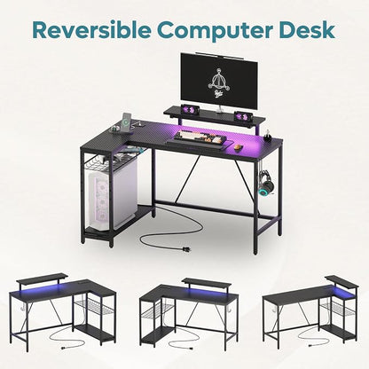 Bestier 52" Gaming Desk with Integrated Power Outlet & USB Ports, L-Shaped Computer Desk with LED Strip & Headphone Hooks, Perfect for Home Office Pink,Carbon Fiber Black