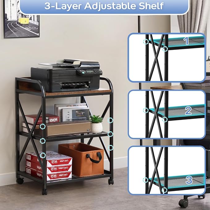 KATHY&BOB Large Printer Stand for Home Office, 23.6 x15.8 x 31.5 Inch Large Printer Table with Adjustable Storage Shelf, 3-Tier Mobile Rolling Printer Shredder Cart with Wheels, Stand for Heat Press