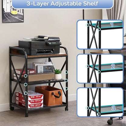KATHY&BOB Large Printer Stand for Home Office, 23.6 x15.8 x 31.5 Inch Large Printer Table with Adjustable Storage Shelf, 3-Tier Mobile Rolling Printer Shredder Cart with Wheels, Stand for Heat Press