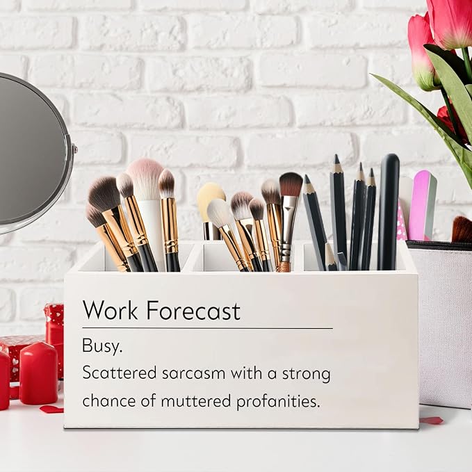 Work Forecast Wooden Pen Pencil Holder for Desk, Sarcastic Gifts for Women Men Coworkers, Funny Sarcastic Wood Makeup Brush Toothbrush Holder Organizer for Office Workplace Company
