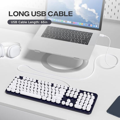 MOWUX Computer Keyboard Wired, Plug and Play USB Retro Round Typewriter Keyboard, Full Size Wired Keyboard with Foldable Stands for Laptop and Office PC- Dark Blue
