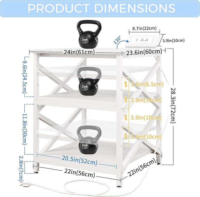 METYERRY Large Printer Stand with Power Outlet, with Height Adjustable Storage Shelf, 3 Tier Rolling Printer Cart with Industrial Wheels, 23.6 x 23.6 Inches Printer Table for Home Office, White
