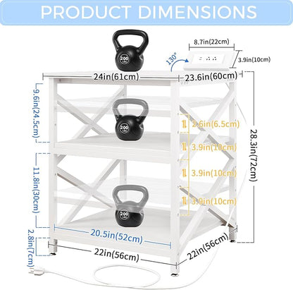 METYERRY Large Printer Stand with Power Outlet, with Height Adjustable Storage Shelf, 3 Tier Rolling Printer Cart with Industrial Wheels, 23.6 x 23.6 Inches Printer Table for Home Office, White