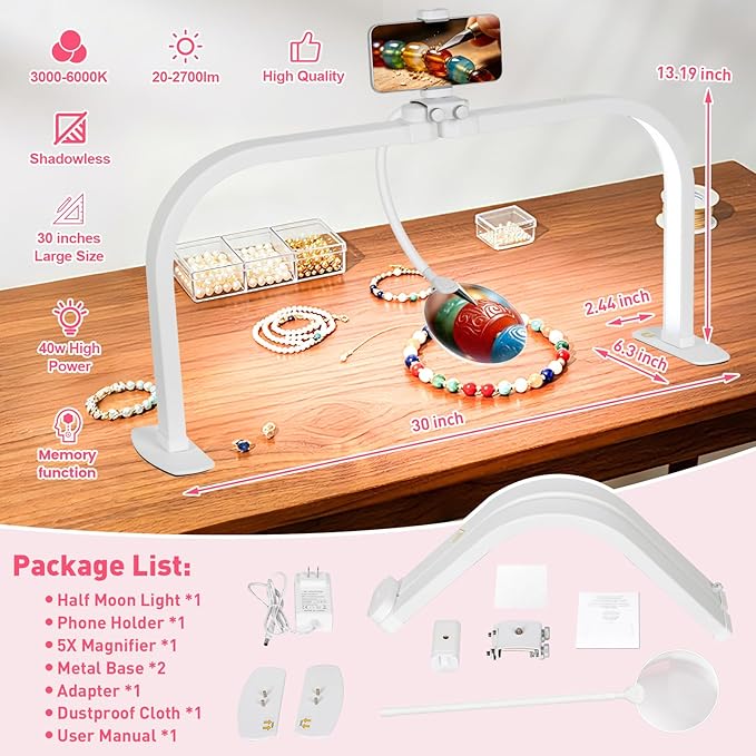 HITTI Half Moon Light for Nail Desk with 5X Magnifier, 30" Foldable LED Arch Tech Lamp with Phone Holder for Manicure, Handicraft, Art, Eyelash Extension - 3 Color Modes & 10 Brightness, Home & Salon