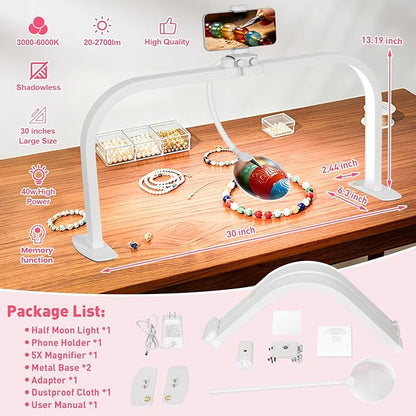 HITTI Half Moon Light for Nail Desk with 5X Magnifier, 30" Foldable LED Arch Tech Lamp with Phone Holder for Manicure, Handicraft, Art, Eyelash Extension - 3 Color Modes & 10 Brightness, Home & Salon