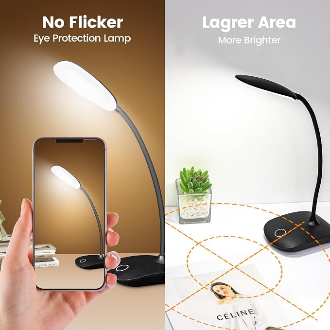 Battery Powered Desk Lamp, Portable Lamps Rechargeable 3 Color Modes Touch Control Stepless Dimming, Wireless Desk Lamp with 2000mAh, Small LED Table Light for Dorm Study Office Bedroom,Black