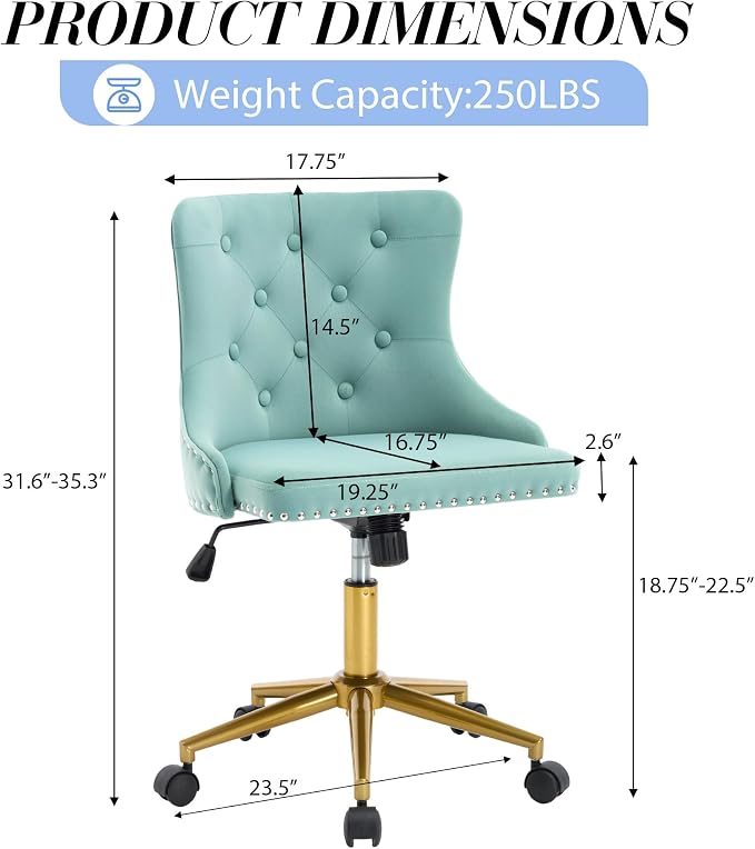 Velvet Armless Home Office Desk Chair, Swivel Height-Adjustable Small Cute Vanity Chair for Women/Girls, Comfy Makeup Chair with Rivet and Gold Base for Living Room, Bedroom(Green)