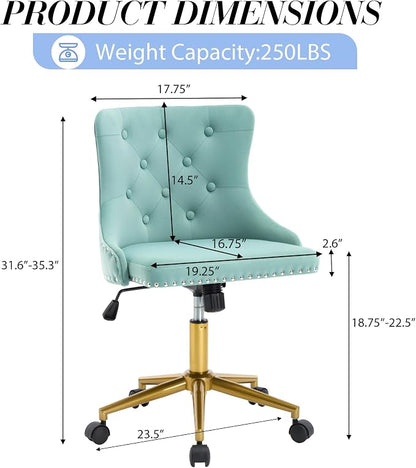Velvet Armless Home Office Desk Chair, Swivel Height-Adjustable Small Cute Vanity Chair for Women/Girls, Comfy Makeup Chair with Rivet and Gold Base for Living Room, Bedroom(Green)